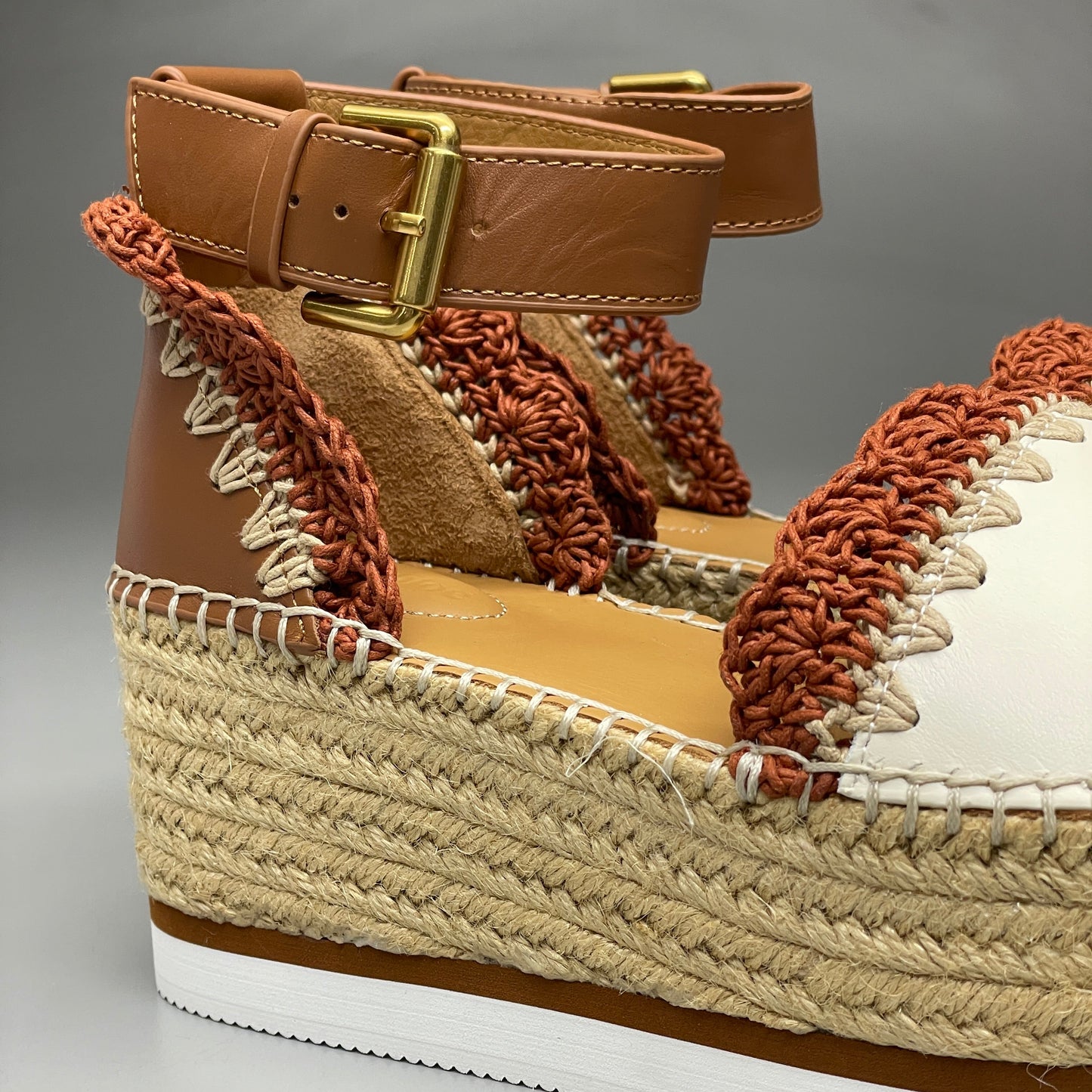 SEE BY CHLOÉ Glyn Espadrille Crocheted Edge Ankle-Strap Sandals Tan/Red Women's Sz 8 EU 38 SB38151A (New)