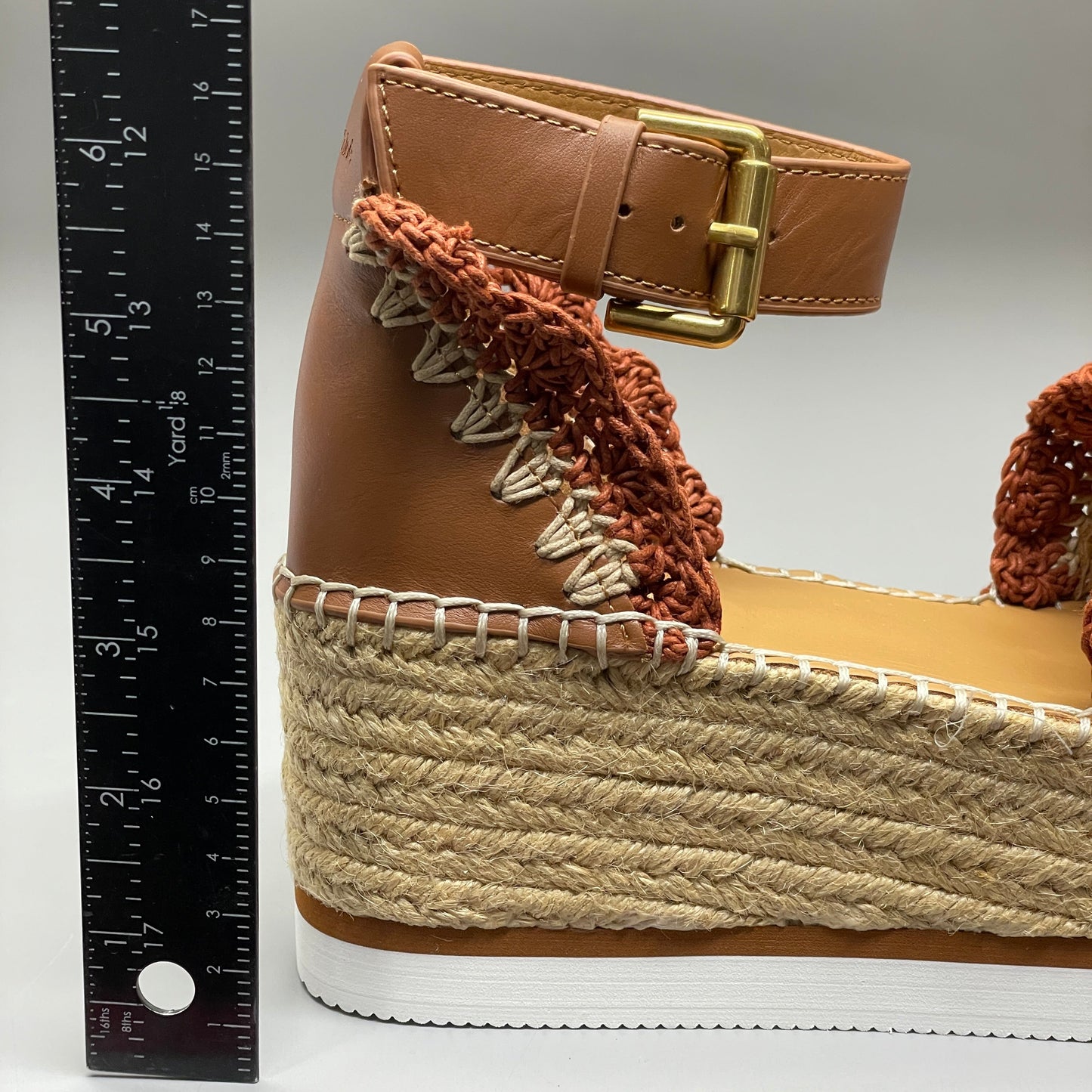 SEE BY CHLOÉ Glyn Espadrille Crocheted Edge Ankle-Strap Sandals Tan/Red Women's Sz 8 EU 38 SB38151A (New)