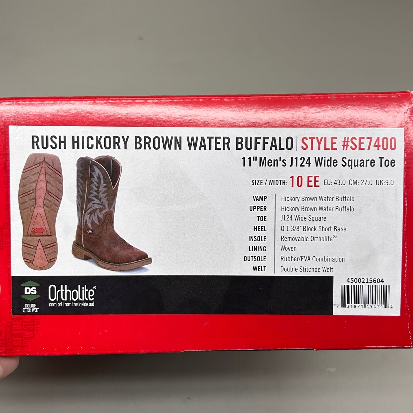 Justin Rush Hickory Brown Water Buffalo Boot Style #SE7400 Size Mens 10 EE