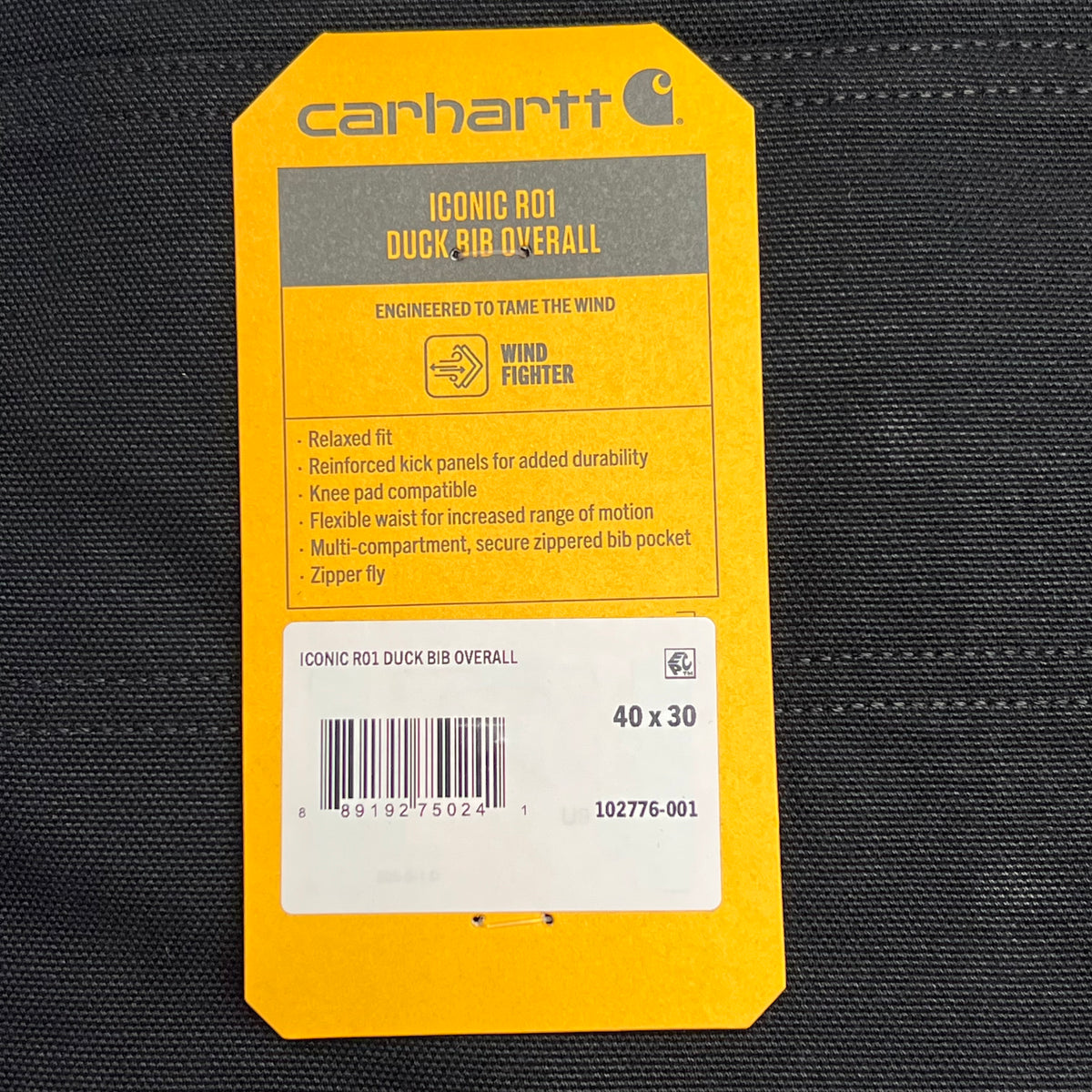 CARHARTT Iconic R01 Duck Rib Overall Wind Fighter 40x30 Black 102776-001