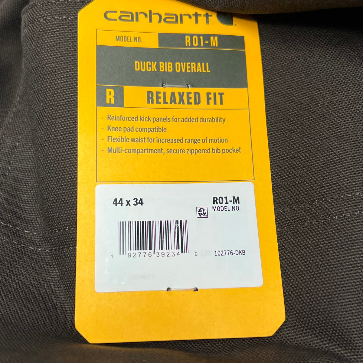 CARHARTT Duck Bib Overall Iconic R01-m Men's Sz 44 x 34 Brown 102776-DKB