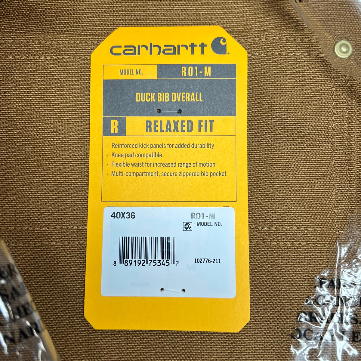 CARHARTT Iconic R01 Duck Bib Overall Men's Sz 40x36 Relaxed Fit Carhartt Brown