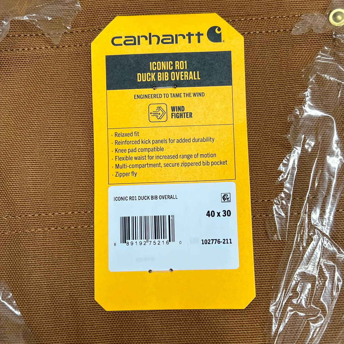 CARHARTT Iconic R01 Duck Bib Overall Men's Sz 40x30 Carhartt Brown 102776