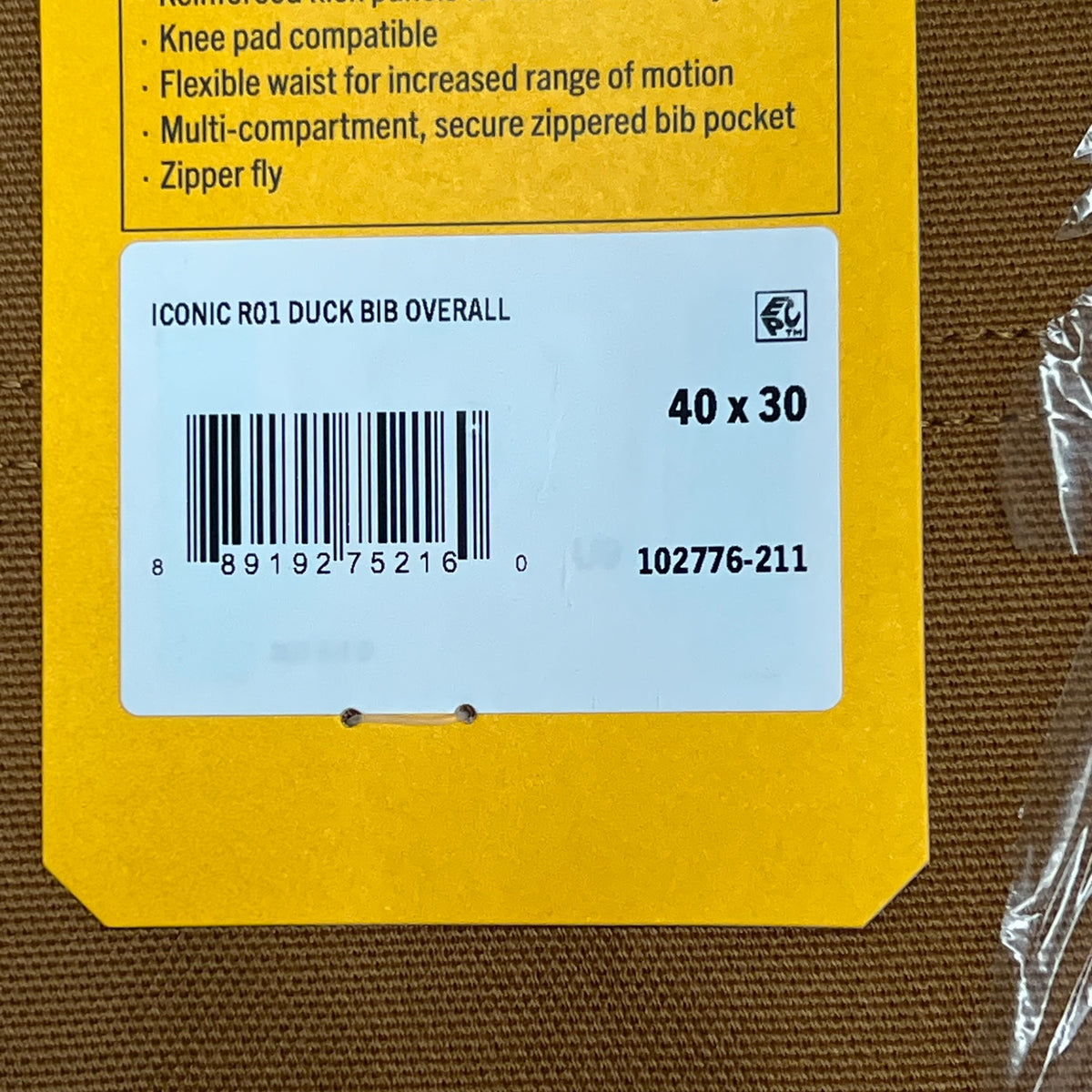 CARHARTT Iconic R01 Duck Bib Overall Men's Sz 40x30 Carhartt Brown 102776