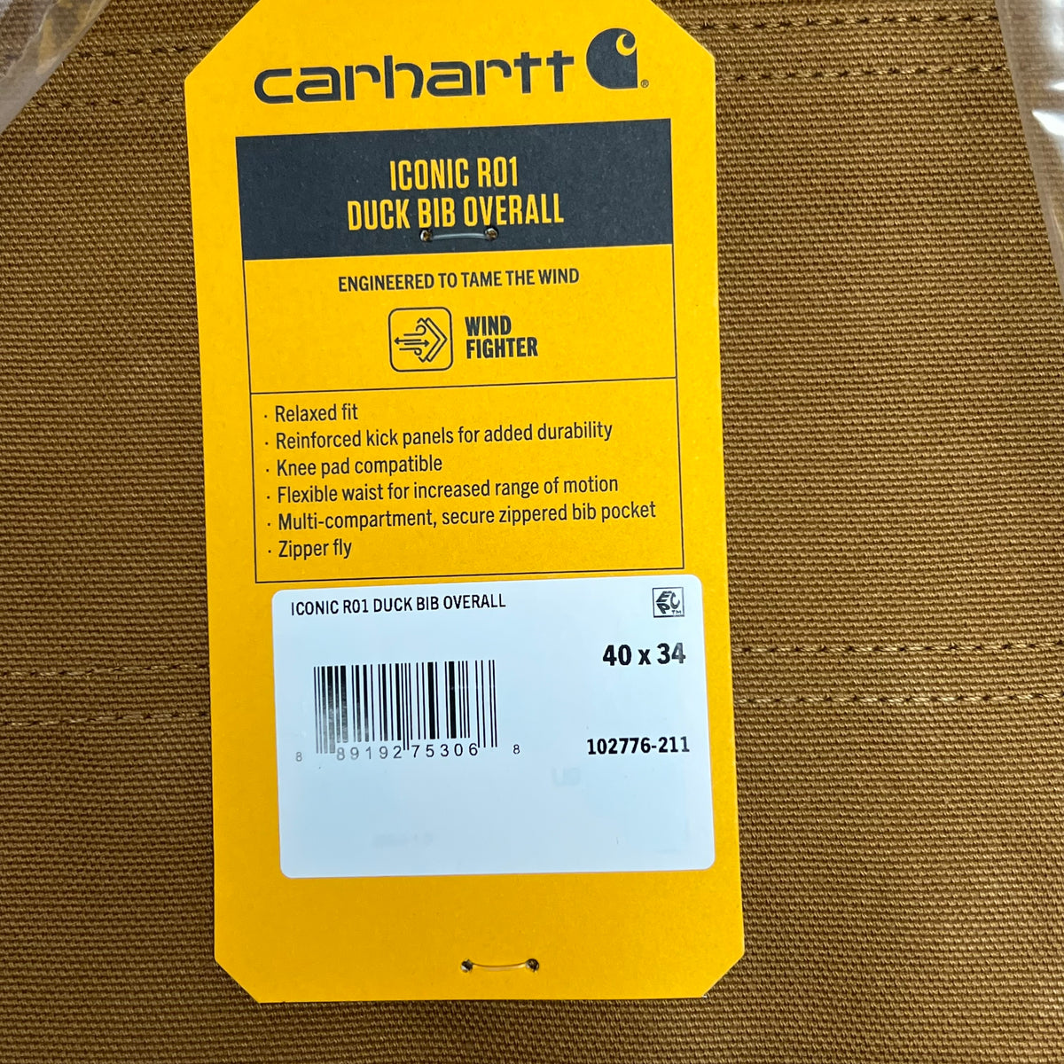 CARHARTT Iconic R01 Duck Bib Overall Men's Sz 40x34 Carhartt Brown 102776