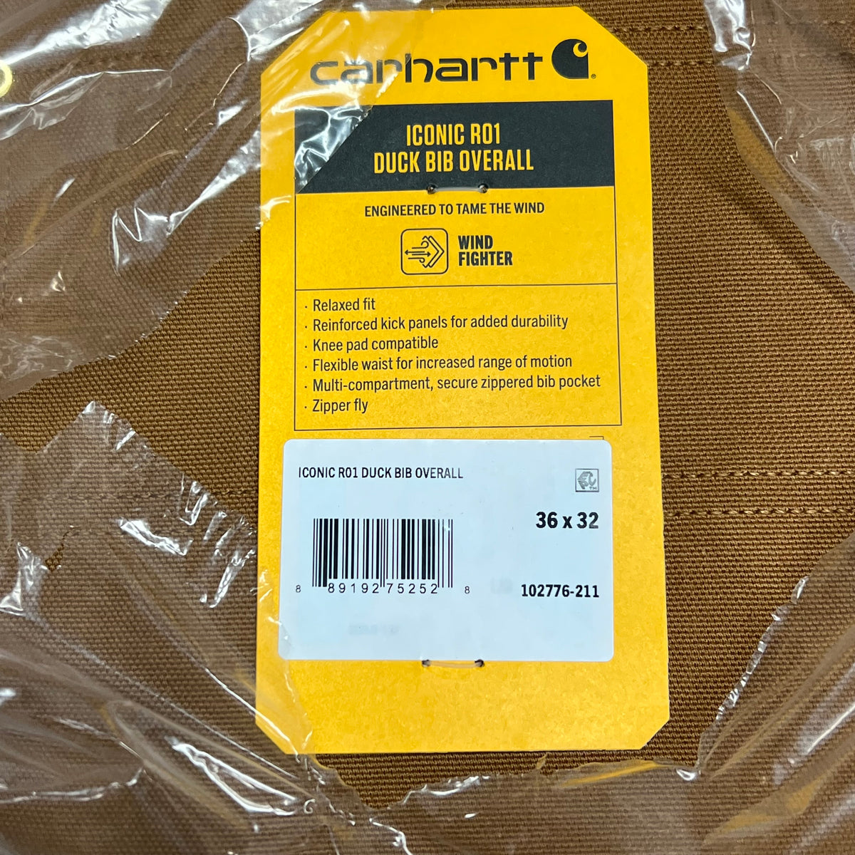 CARHARTT Iconic R01 Duck Bib Overall Men's Sz 36x32 Carhartt Brown 102776