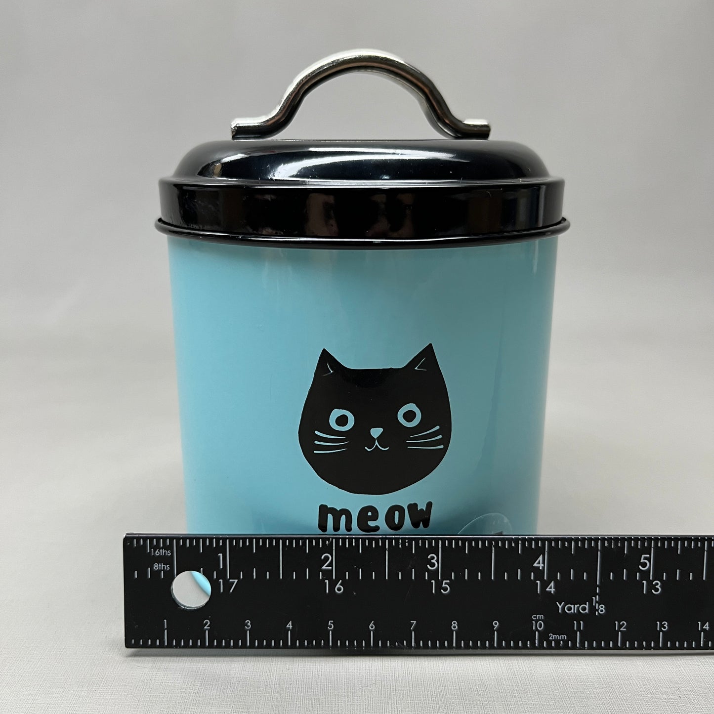 NOW DESIGNS Cats Meow Cat Treat Storage Tin 6" x 4" x 4.25" Teal/Black 5088001 (New)