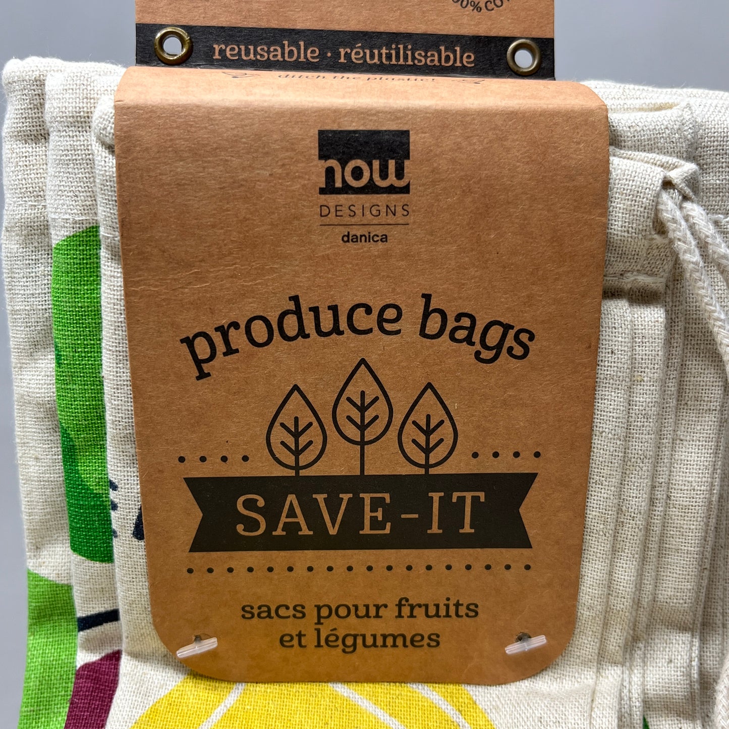 NOW DESIGNS 3-PACK! Funny Produce Bags Drawstring Bag Beige 3001004 (New)