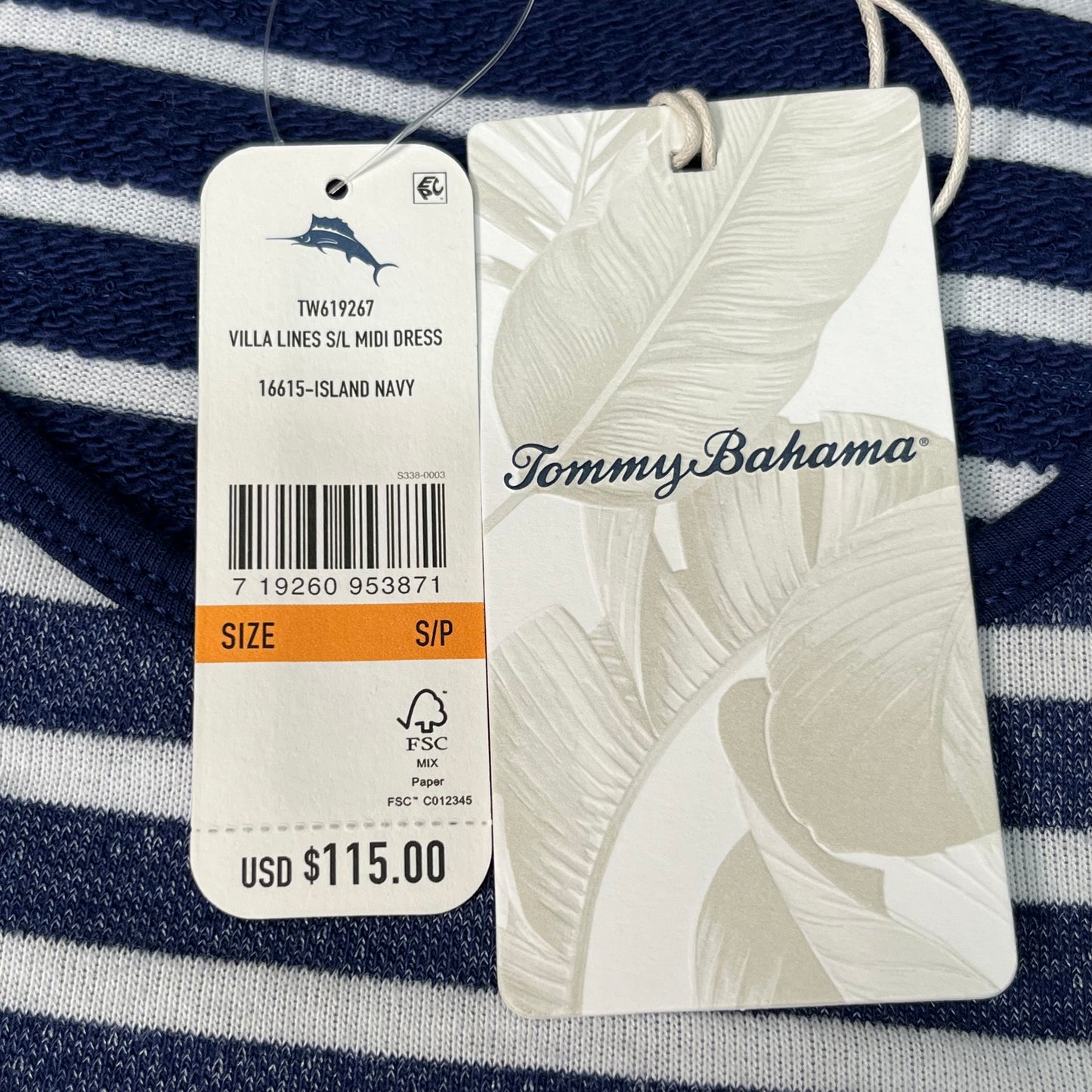 TOMMY BAHAMA Villa Lines Striped Midi Dress Sz S Island Navy TW619267 (New)