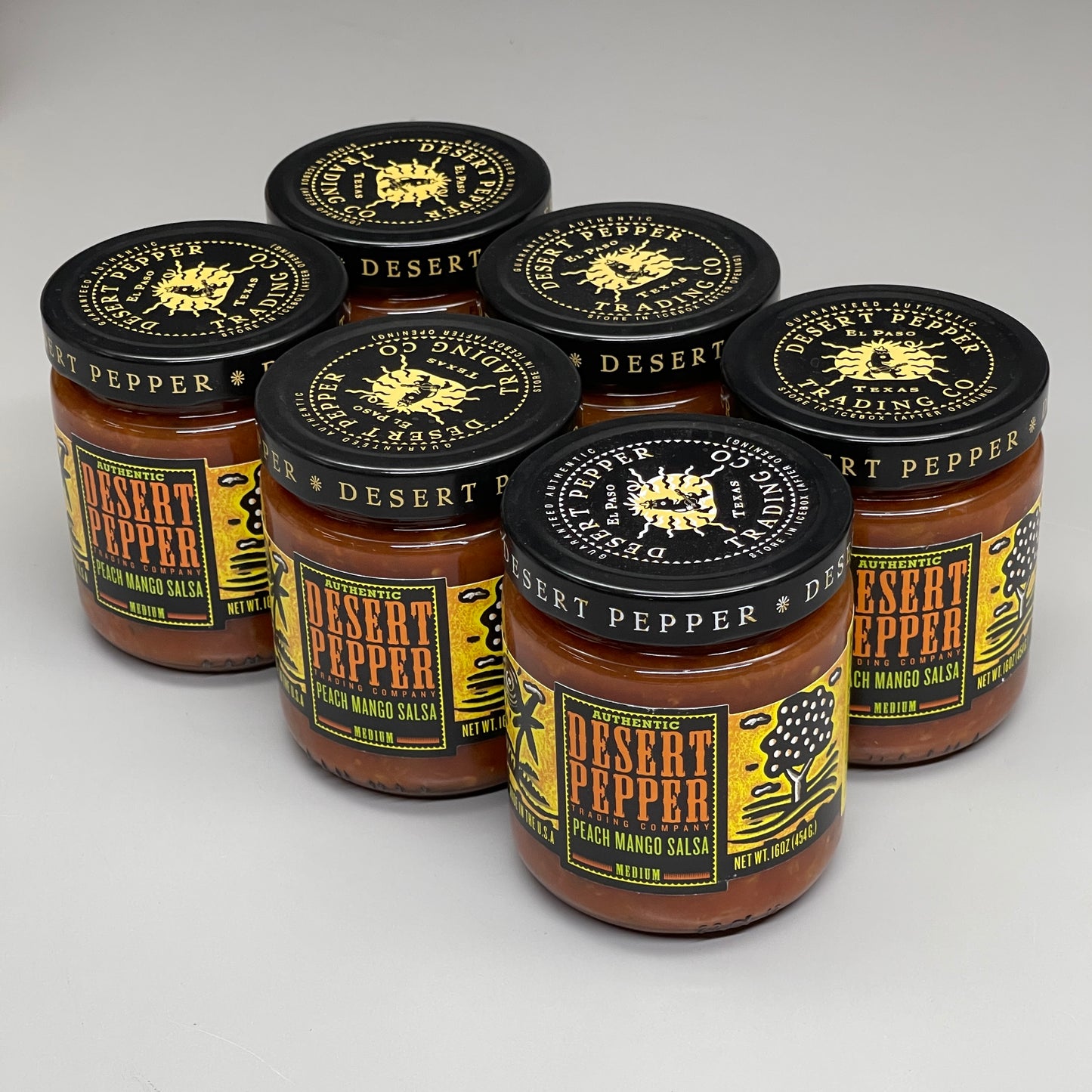 ZA@ DESERT PEPPER TRADING CO (6 PACK) Peach Mango Salsa Medium 16 oz Jars BB 03/29