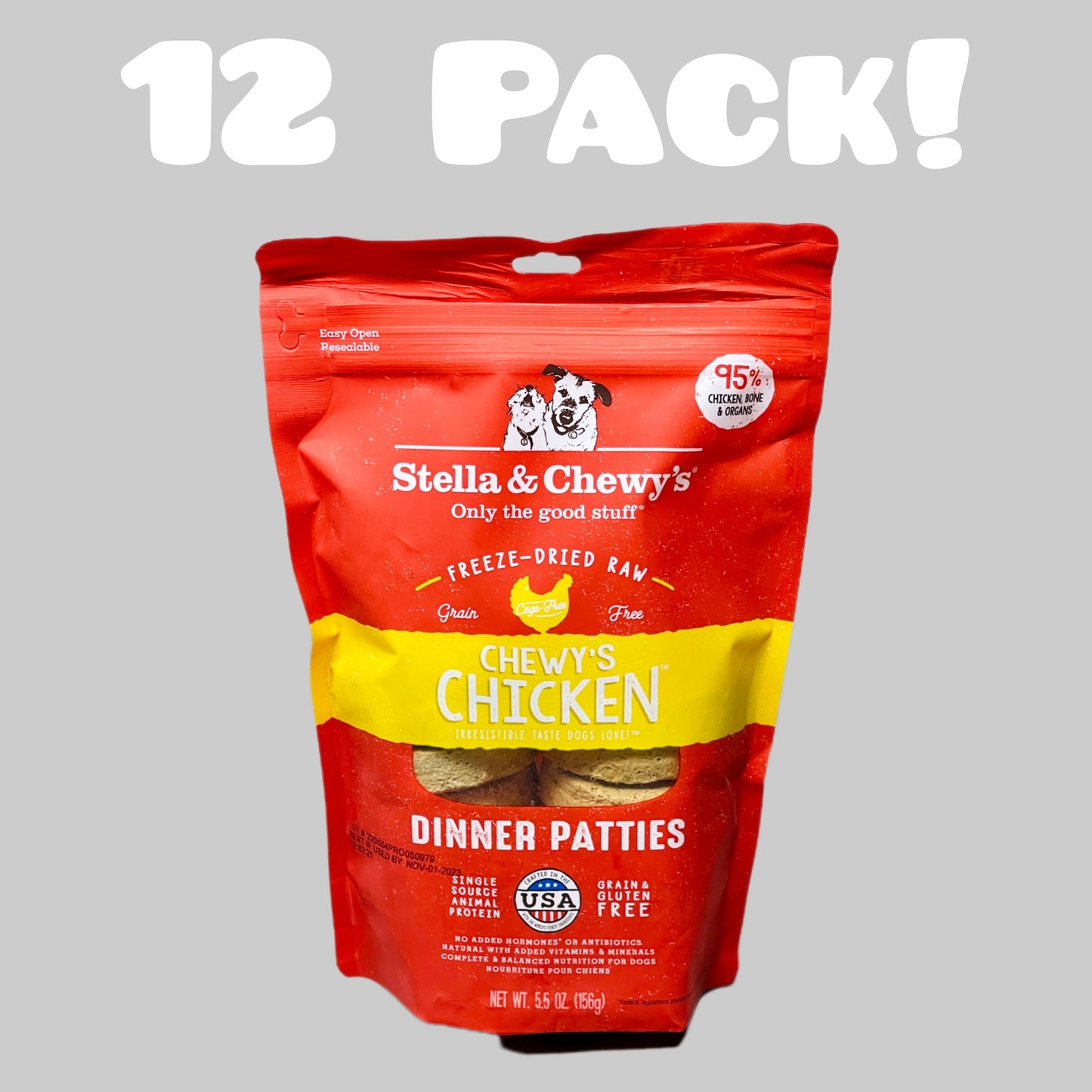 12 BAGS! STELLA & CHEWY’S Chicken Freeze-Dried Raw Grain-Free Dinner Patties 5.5 oz BB 11/23 (New)