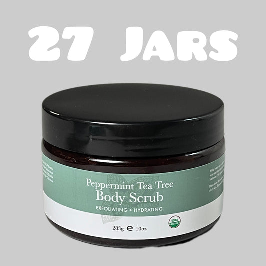 ZA@ BEAUTY BY EARTH Peppermint Tea Tree Body Scrub 27-PK! 10 oz (AS-IS, Some Jars have leaked, boxes have oil on them)
