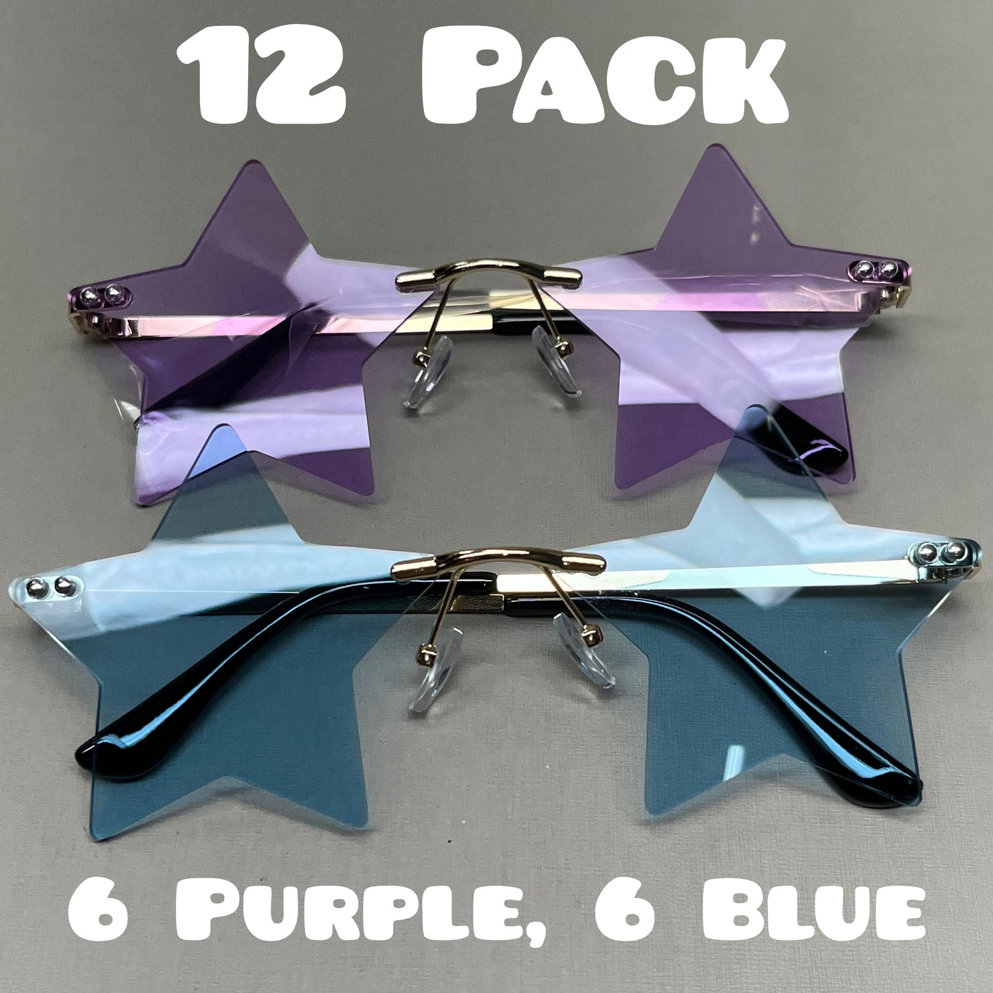 ENTHYI 12 Pack! Rimless Star Shape Sunglasses 6 Purple 6 Blue (New)