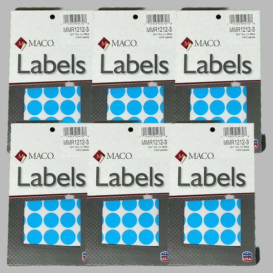 MACO Round Light Blue (6 PACK) Color-Coding Labels 3/4” Dia. 6000 Labels MR1212-3