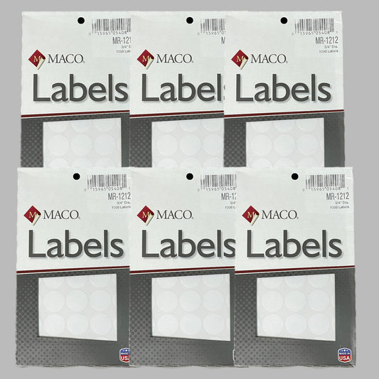 MACO Round White (6 PACK) Color-Coding Labels  3/4” Dia. 6000 Labels MR-1212