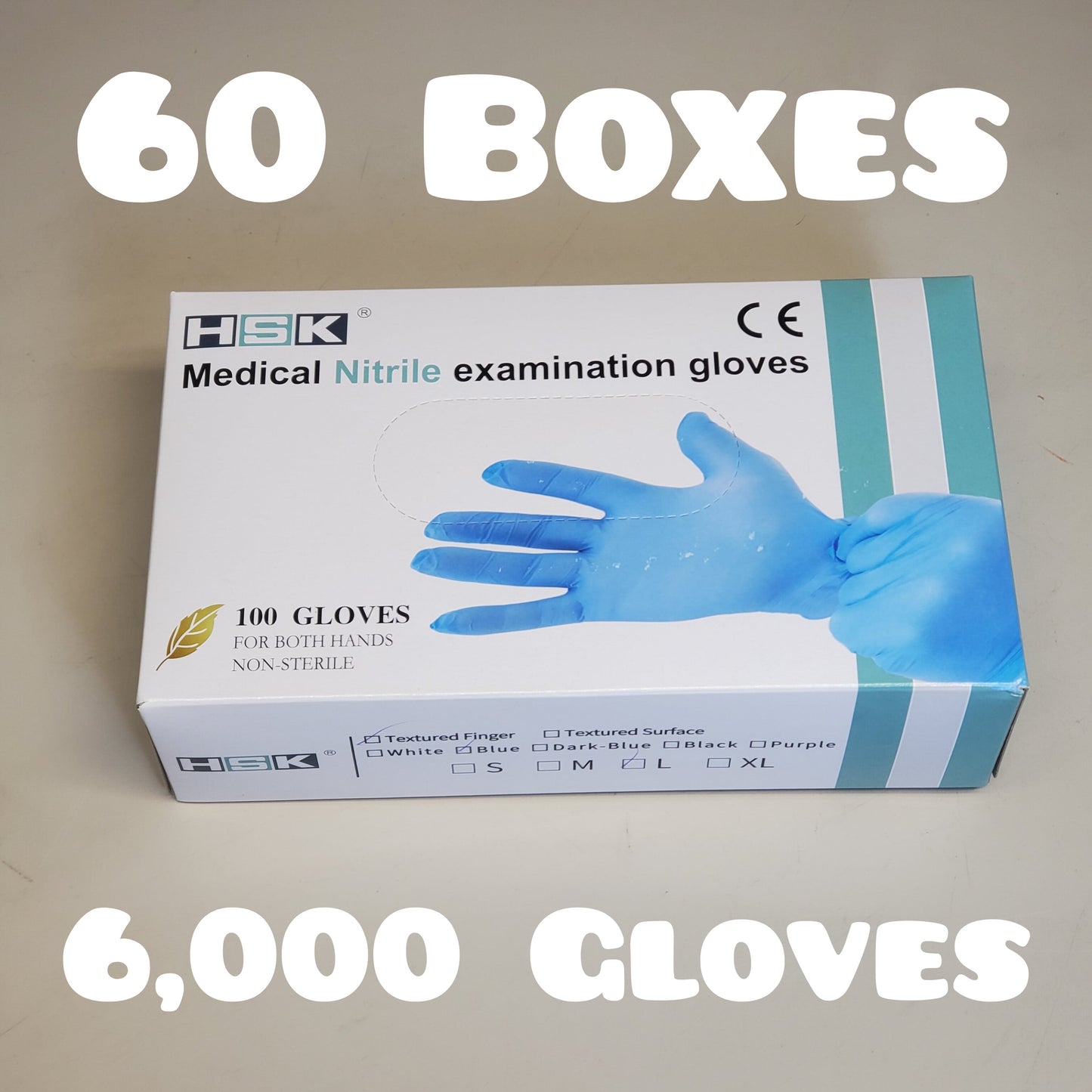 ZA@ HSK (60 Boxes = 6000 Gloves) Medical Nitrile Examination Gloves SZ Large Blue Textured Finger Powder Free