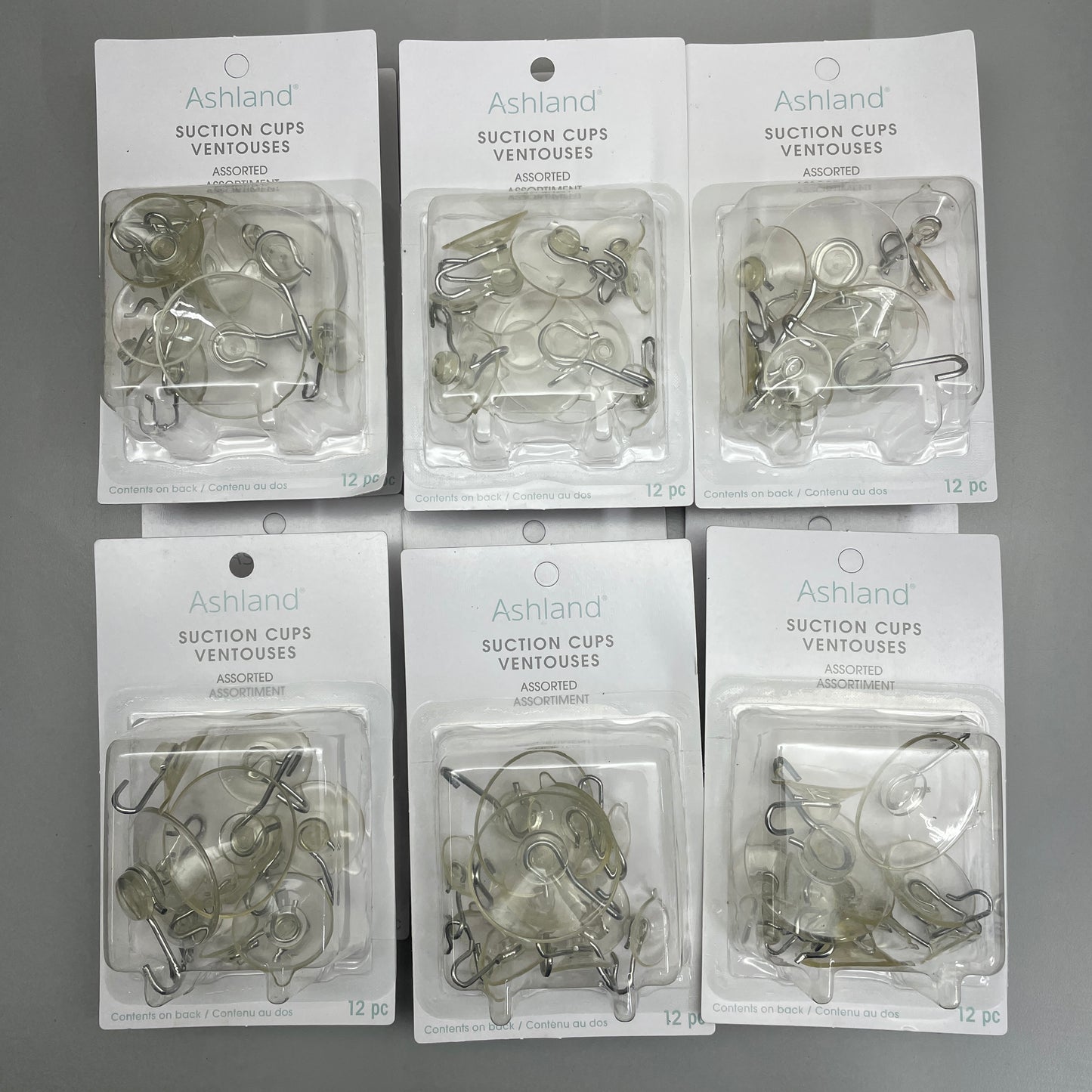 ASHLAND Lot of 12 Packs Assorted Suction Cups Clear Suction Cups w/ Metal Hook (New)