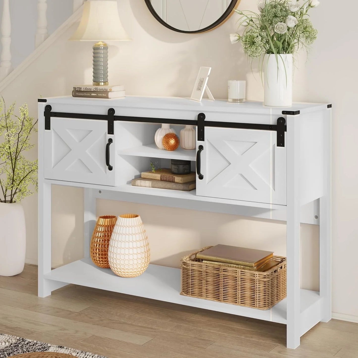 ROYALCRAFT Modern Farmhouse Console Table with Sliding Barn Door White ZTS016PS