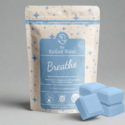 THE RADIANT RHINO Breathe Peppermint Eucalyptus Shower Steamers 5x1.5oz Tablets 7.5oz (New)