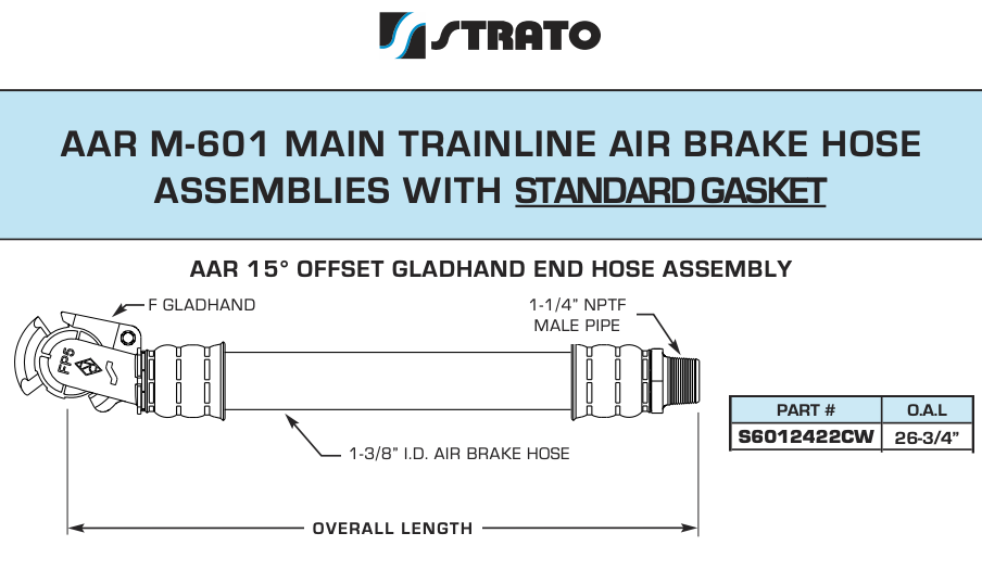 STRATO AAR M-601 Main Trainline Air Brake Hose Assembly w/ Std Gasket S6012422CW