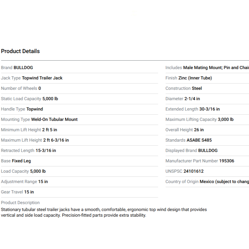 BULLDOG Square Tube Trailer Jack 3000 Lb Lift Cap 15" Travel 26" Closed Grey 195306