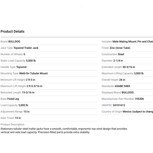 BULLDOG Square Tube Trailer Jack 3000 Lb Lift Cap 15" Travel 26" Closed Grey 195306