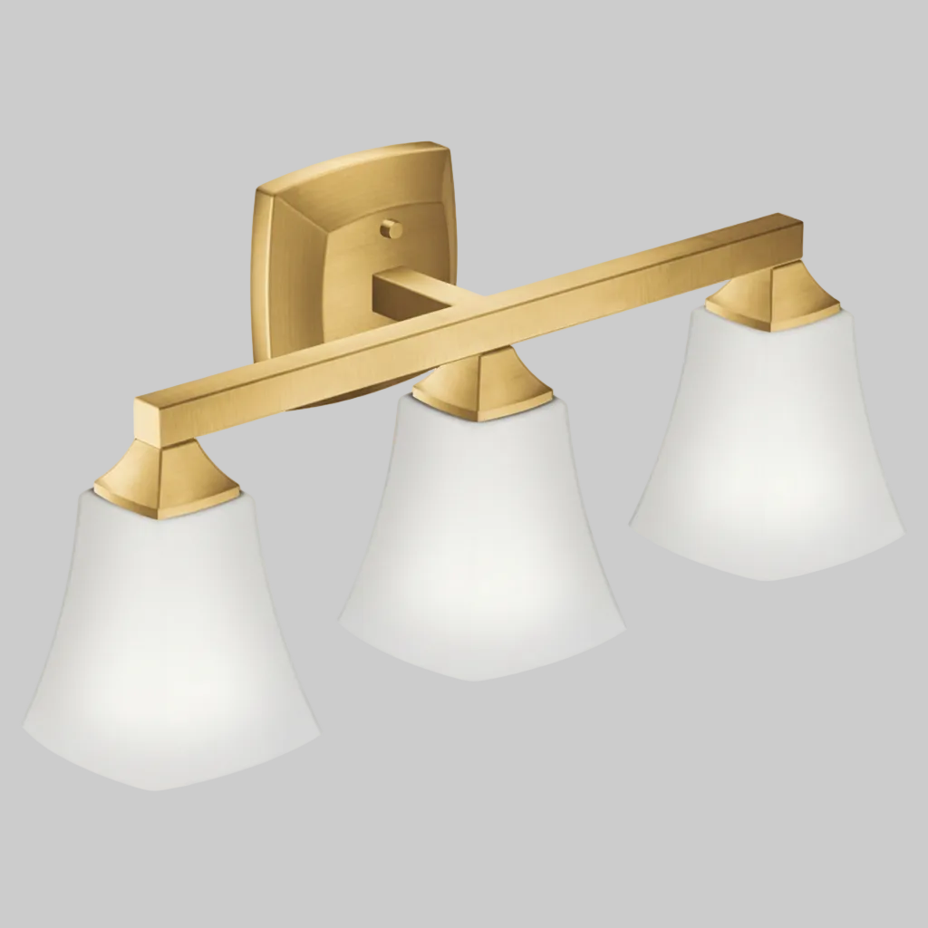 Gold bathroom vanity light fixture with three white glass shades on a white background