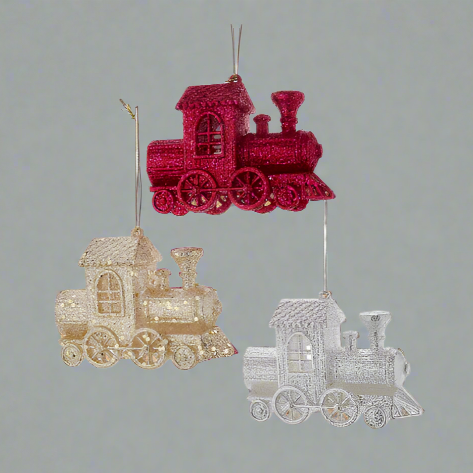 KURT S. ADLER (3 PACK) Train Christmas Ornament Red Gold & Silver Glitter 3.4“ T3628