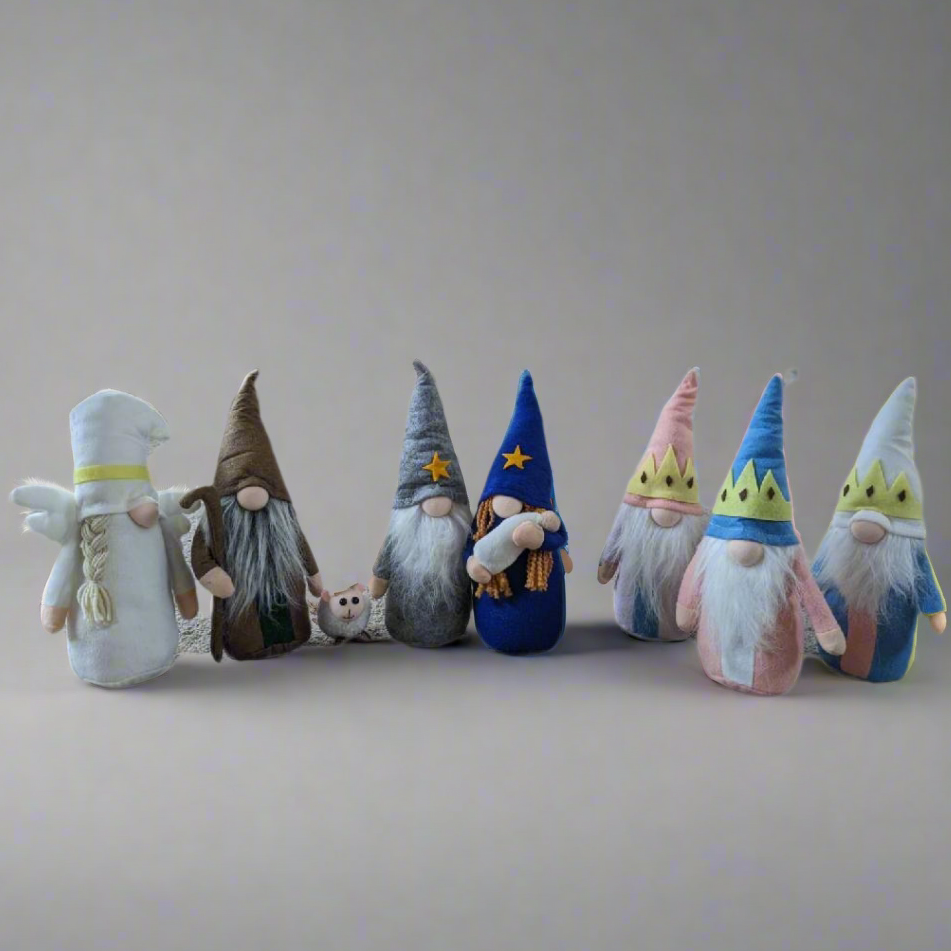 ZA@ SIX WILD WILLOWS Gnome Christmas Nativity Set (6 PACK) Felt Fabric (8 Pieces) 11" Tall A