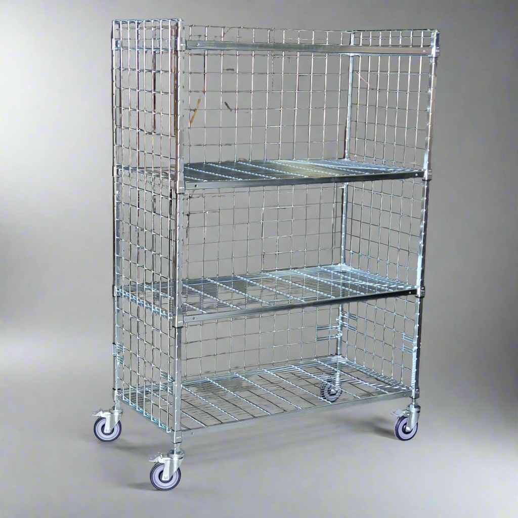 ZA@ AMCO by SPG Rolling Metal Wire Shelving / Rack With 4 Posts, 4 Shelves, 1 Back Panel, 2 Panels & 4 Wheels