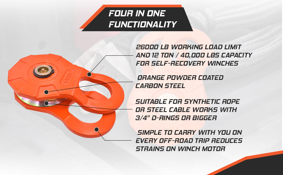 G2G4 12 Ton Snatch Block Pulley For Synthetic up to 5/8" Rope, Steel Cable, Winch