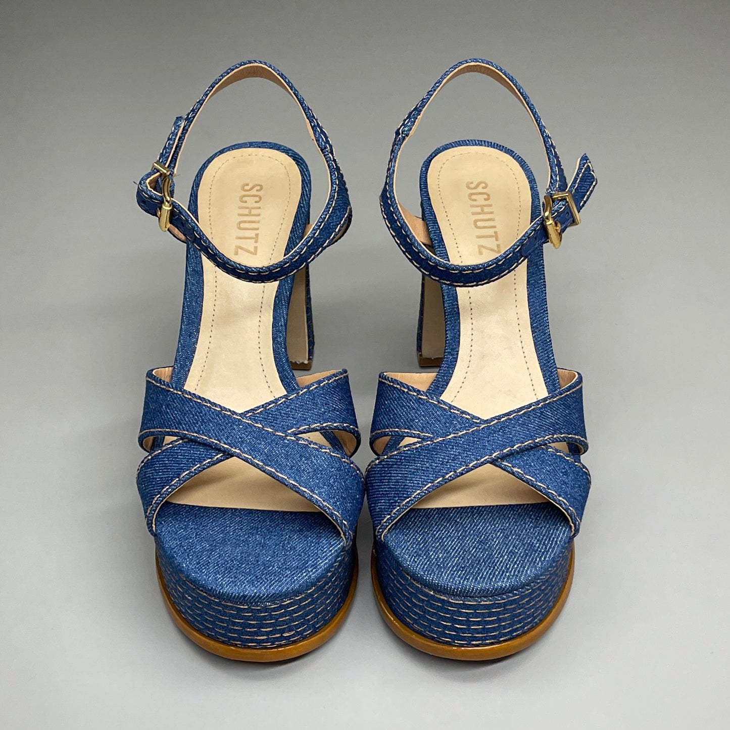 SCHUTZ Keefa Casual Denim Women's 4" Heeled Sandal Platform Blue Sz 6.5B (New)