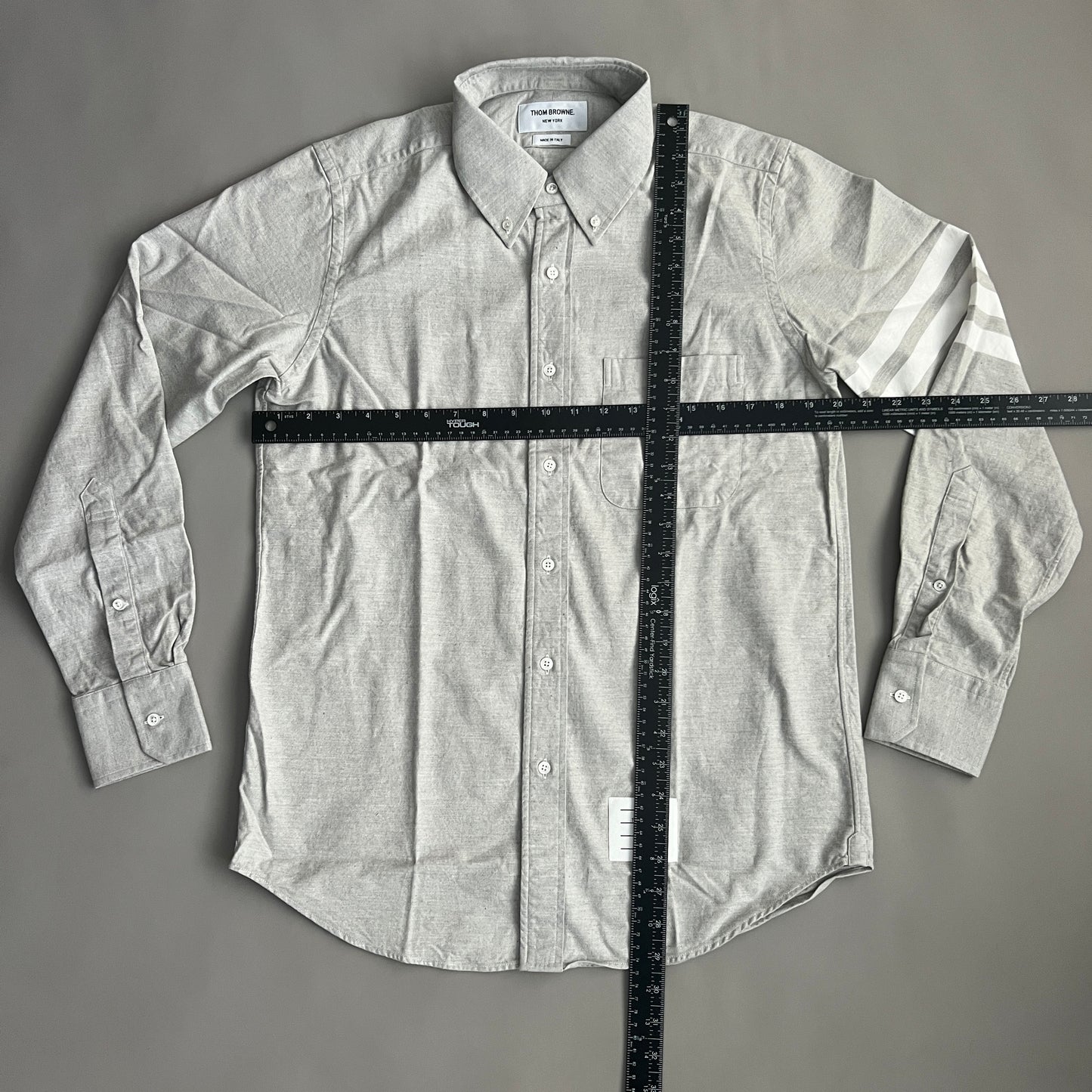 THOM BROWNE Straight Fit Button-Down Long Sleeve w/CB RWB Flannel shirt w/woven 4 Bar Sleeve in Med Grey Size 2 (NEW)