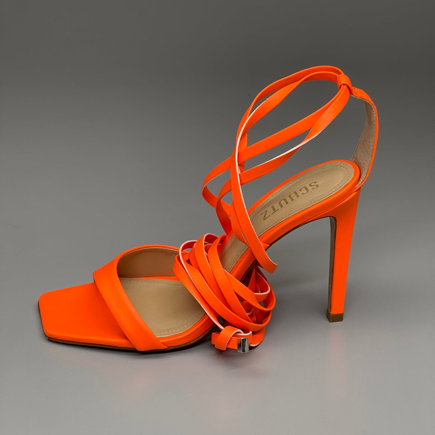 SCHUTZ Bryce Ankle Tie Women's High Heel Leather Strappy Sandal Acid Orange Sz 8.5 (New)