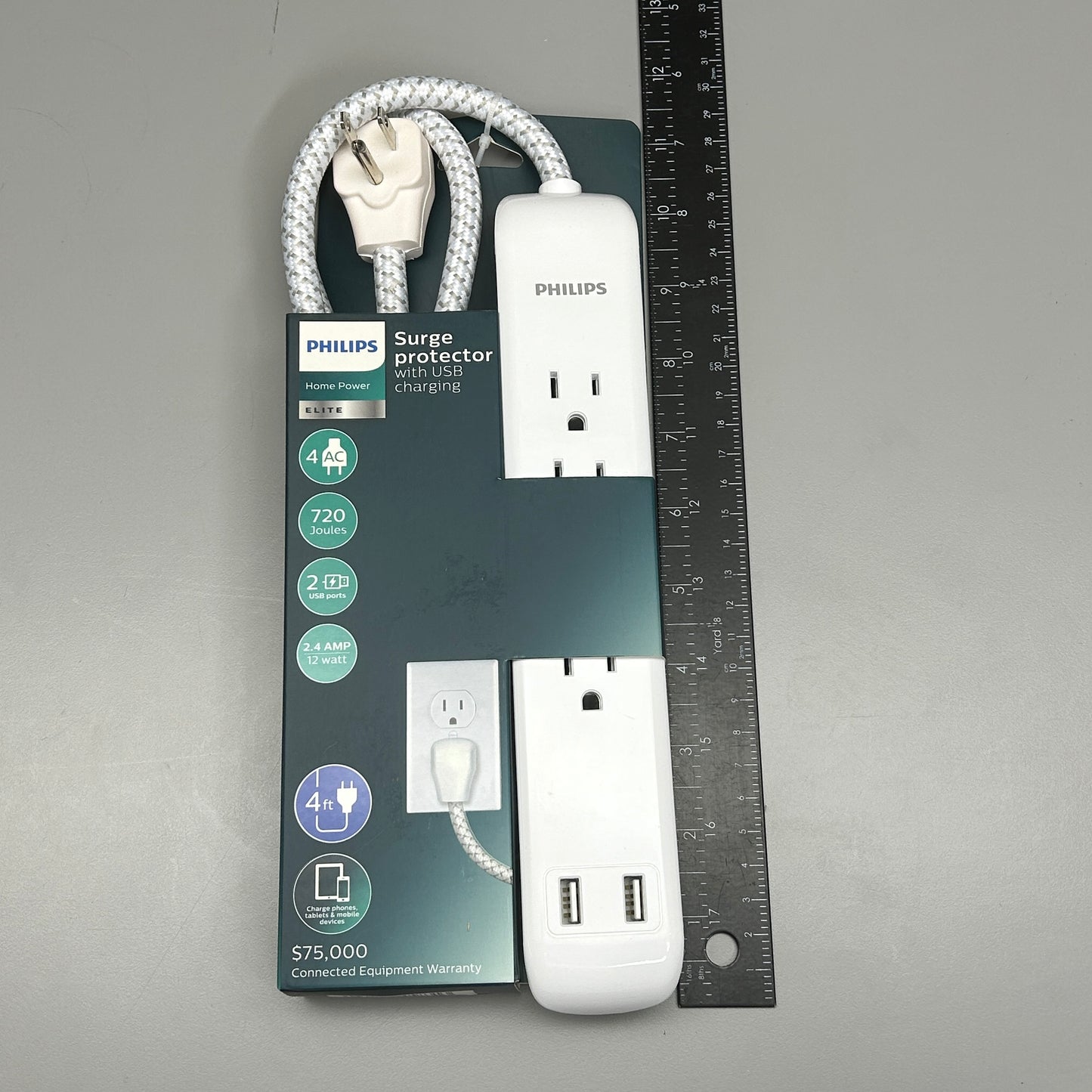 PHILLIPS Surge Protector 4 Outlet 2 USB Power Strip 4ft (New)