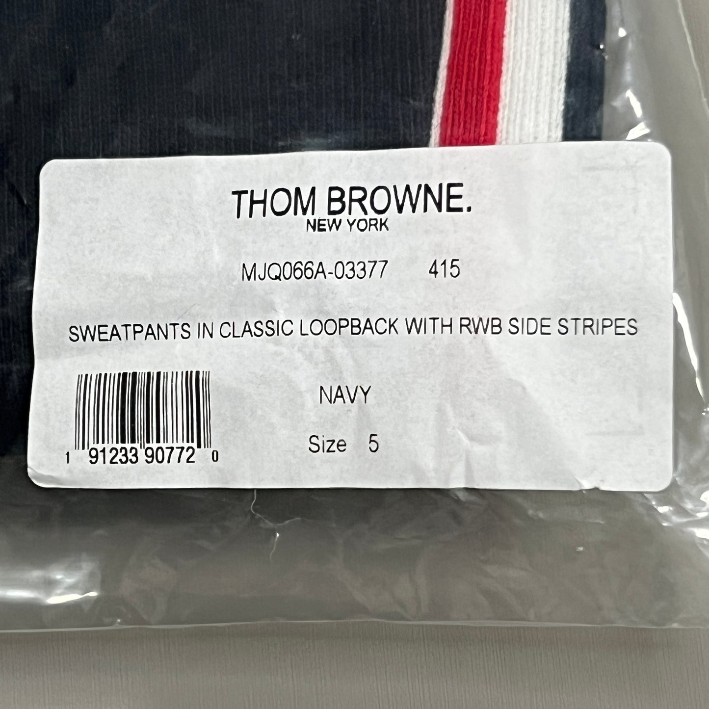 THOM BROWNE Sweatpants in Classic Loopback w/RWB Side Stripes Navy Size 5 (New)