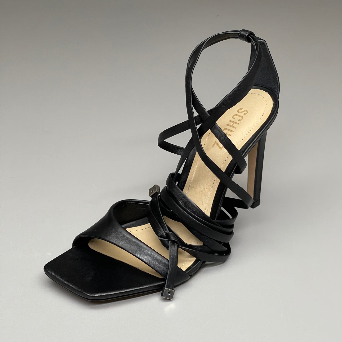 SCHUTZ Bryce Ankle Tie Women's Leather High Heel Strappy Sandal Black Sz 11B (New)