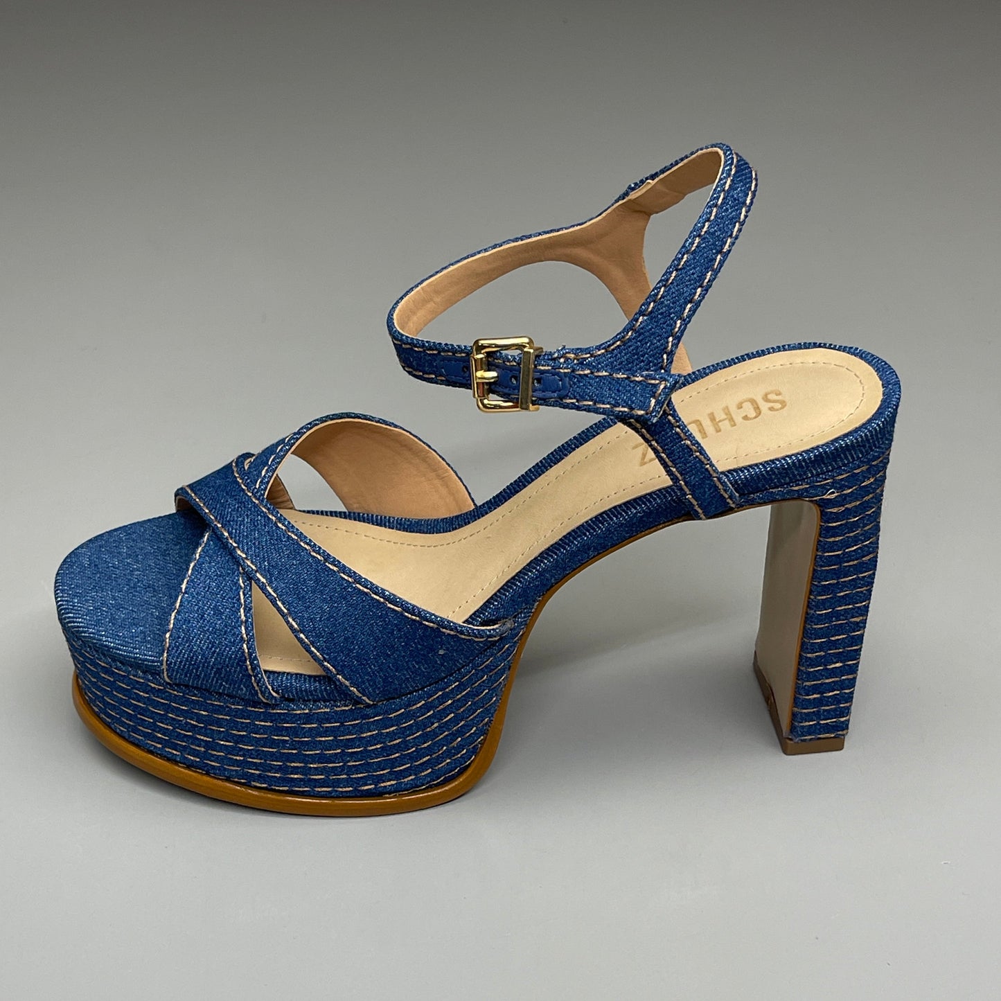 SCHUTZ Keefa Casual Denim Women's 4" Heeled Sandal Platform Blue Sz 10.5B (New)
