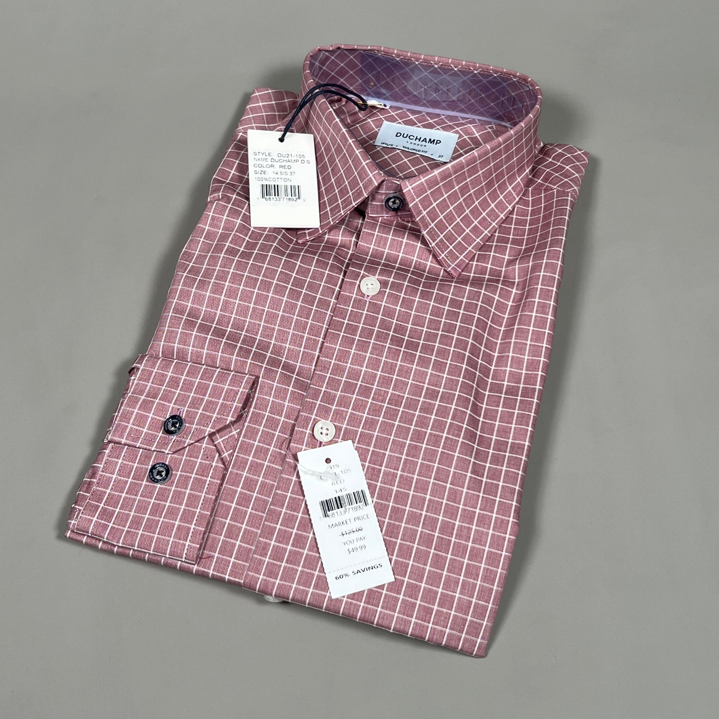 DUCHAMP LONDON Red Check Pattern Tailored-fit Dress Shirt Men's Sz S / 37 / 14.5 (New)