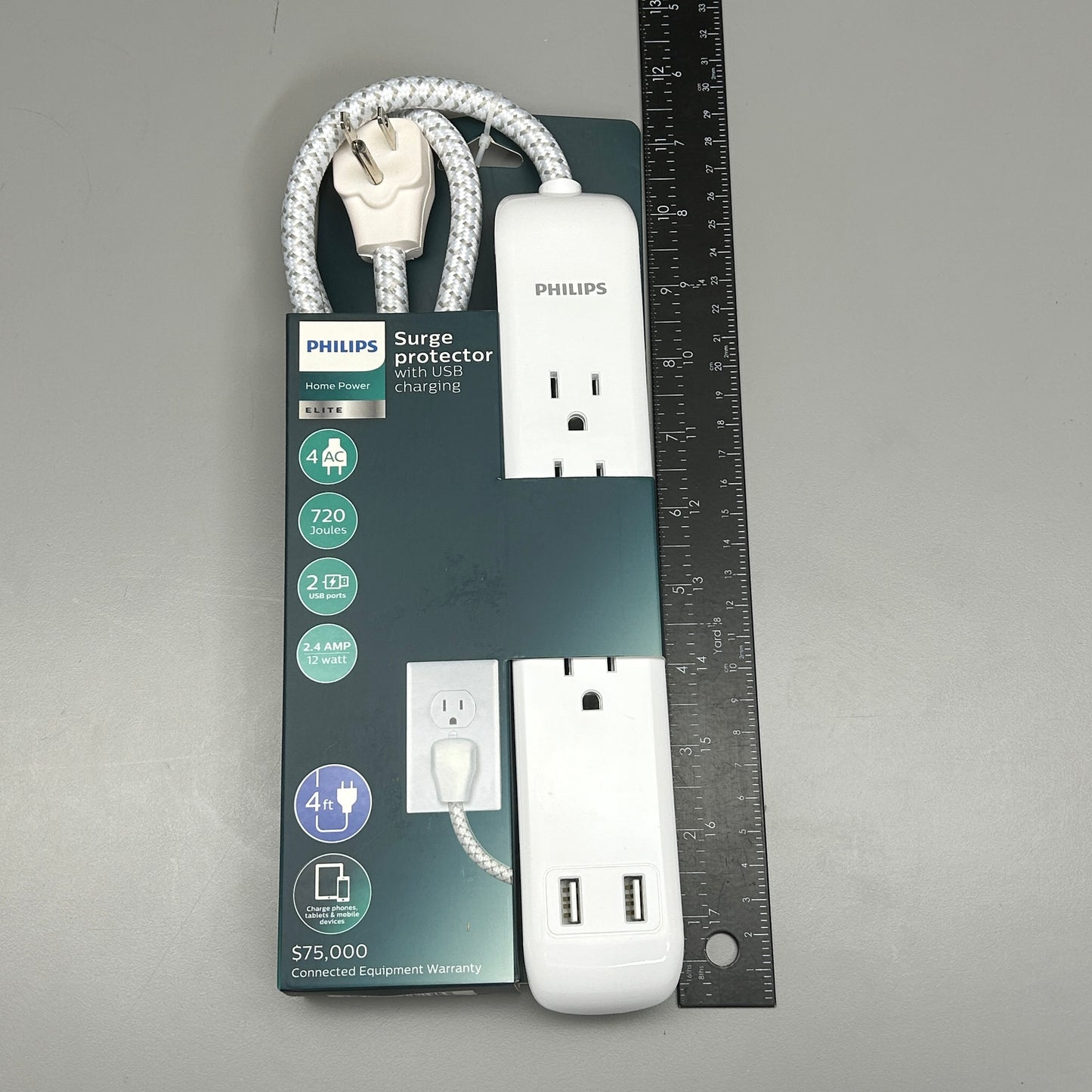 PHILLIPS 3-PACK! Surge Protector 4 Outlet 2 USB Power Strip 4ft (New)