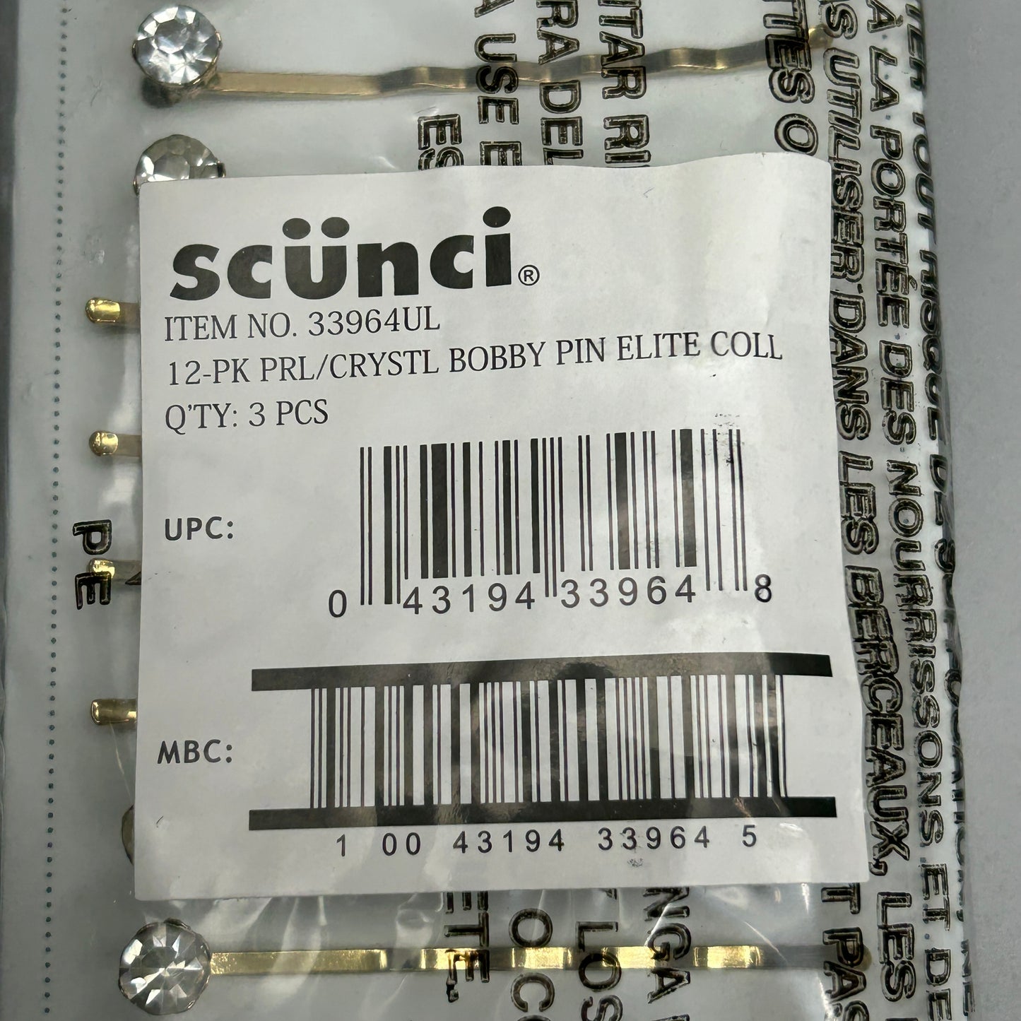 SCUNCI 3-PACK! Pearl/Crystal Bobby Pin Slides Elite Collection Gold 12-Pieces (New)