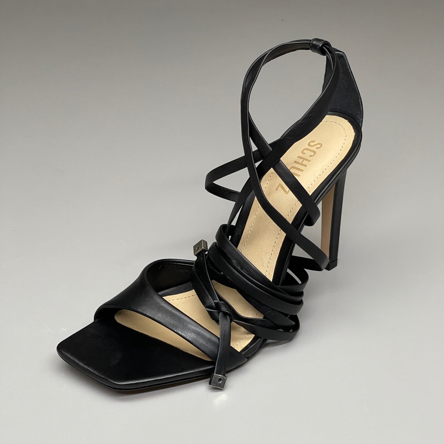 SCHUTZ Bryce Ankle Tie Women's Leather High Heel Strappy Sandal Black Sz 7B (New)