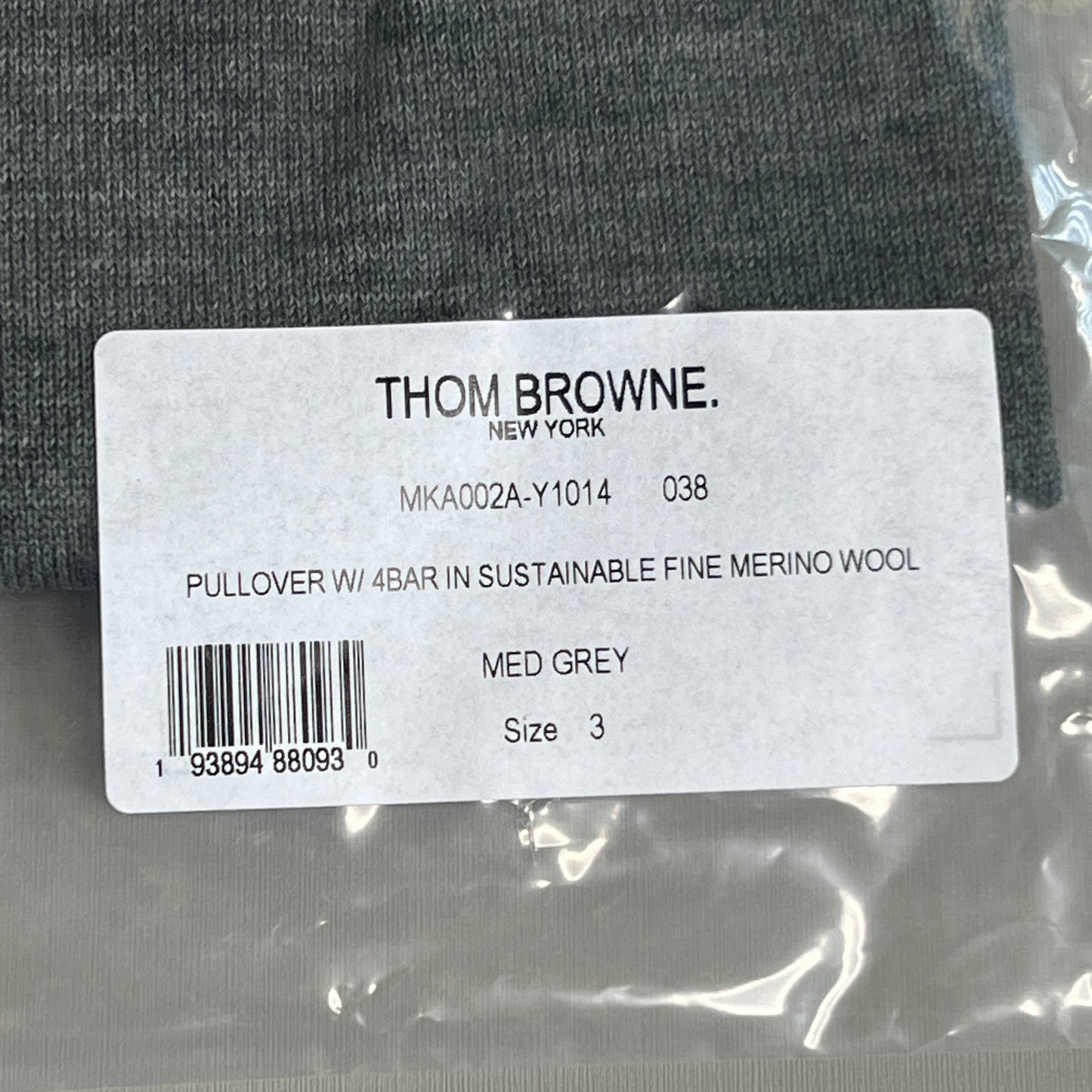 THOM BROWNE New York Classic Crewneck Pullover w/4 Bar Sleeve in Sustainable Fine Merino Wool Med Grey Size 3 (New)