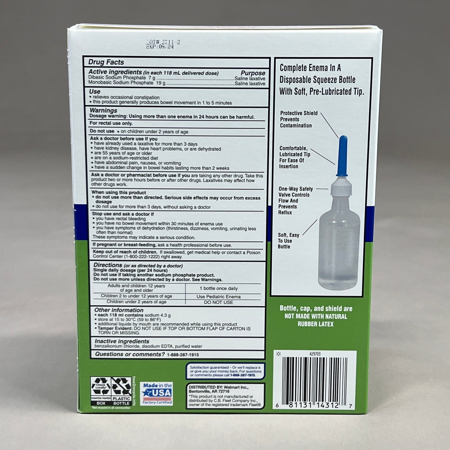 ZA@ EQUATE 6-PACK Enema Sodium Phosphates Saline Laxative Bottles 4.5 fl oz 9/24 429703 (New) H