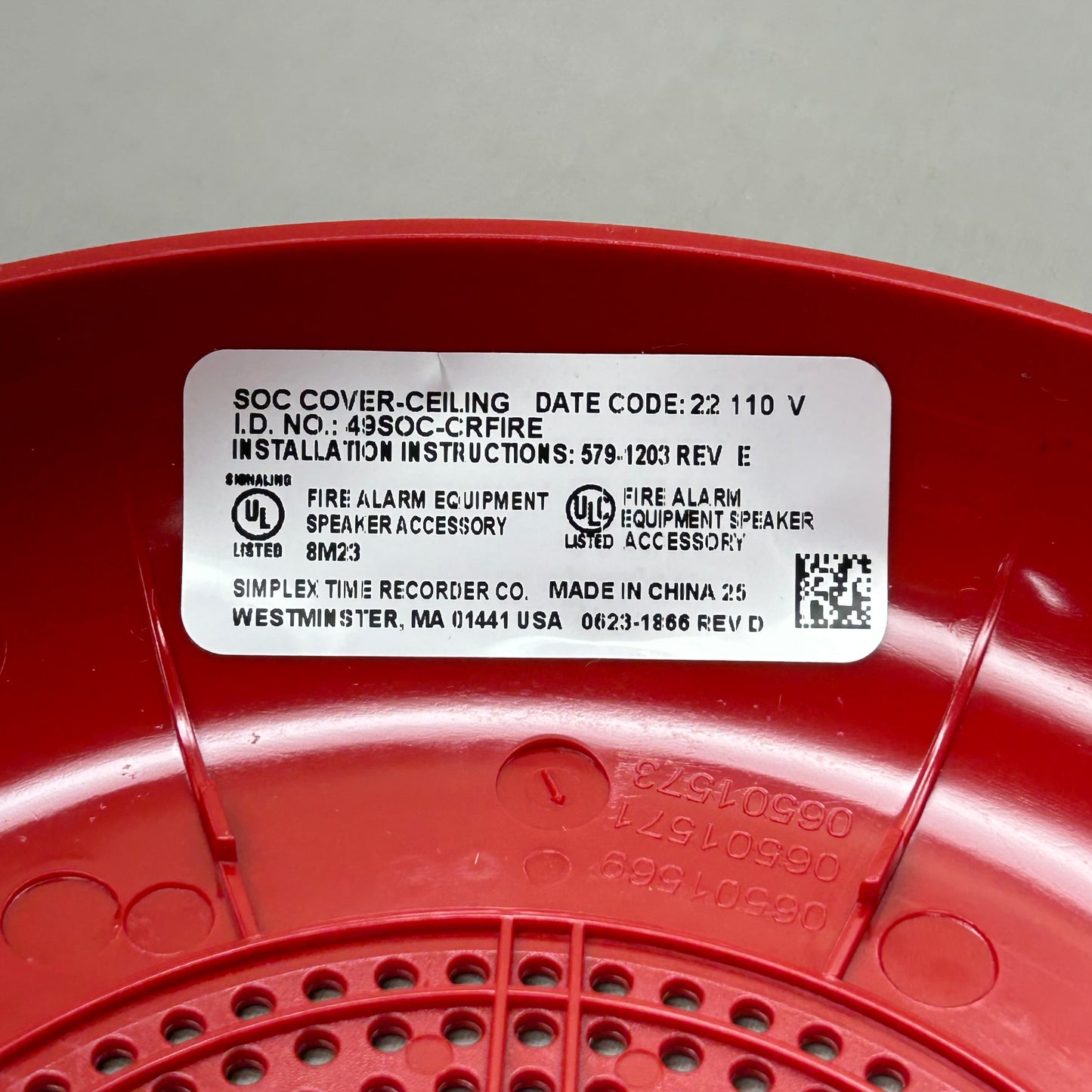 SIMPLEX Ceiling Fire Alarm Speaker Cover Red 49SOC-CRFIRE (New)