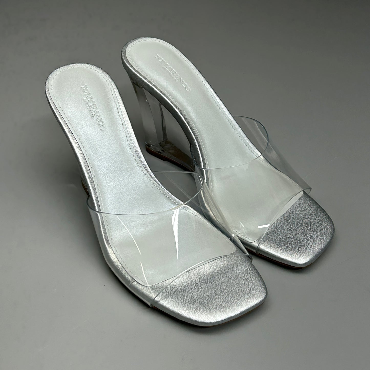 TONY BIANCO Alessi Clear Vinylite/Silver Wedges Women's Heels Sz 7.5 (New)