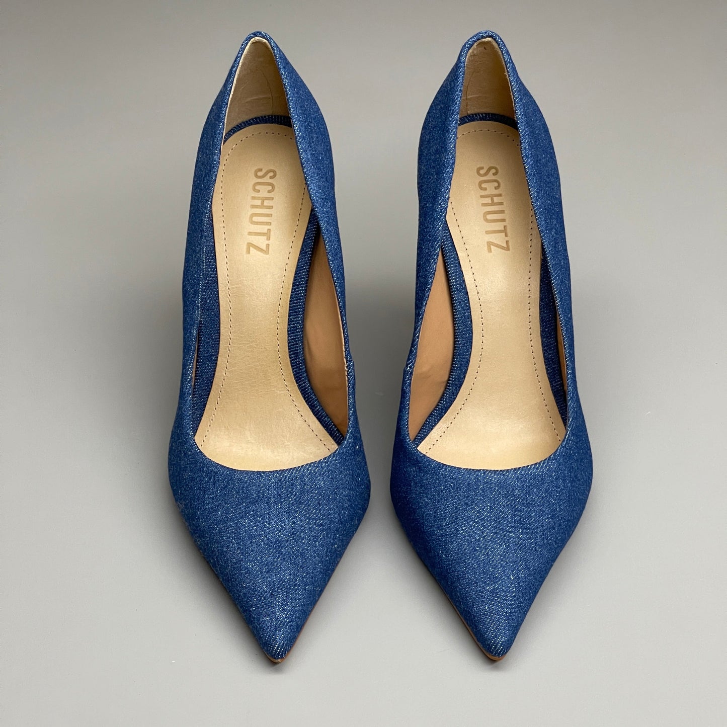 SCHUTZ Lou Denim Pump Women's 3.9" Stiletto High Heel Blue Sz 7.5B (New)