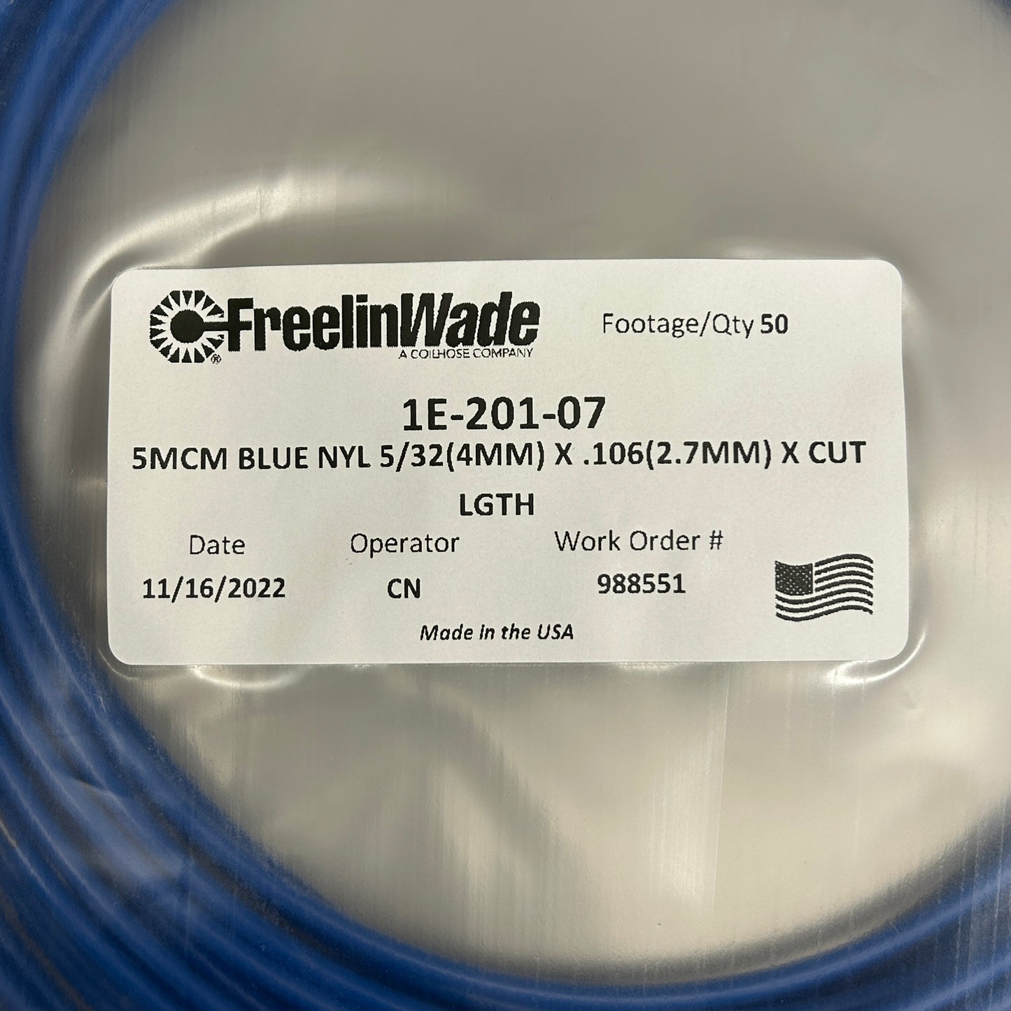 FREELIN-WADE Nylon Tubing 50 ft Blue 1E-201-07 (New)
