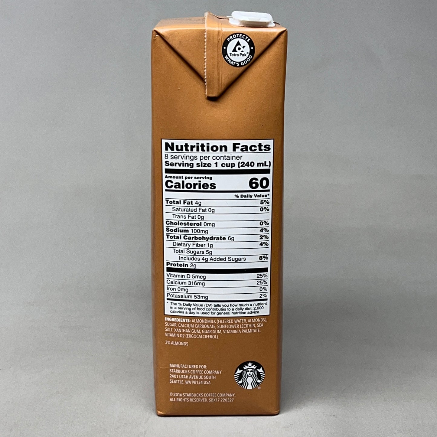 ZA@ STARBUCKS (8 PACK) Unflavored Almond Milk Fortified Beverage 64 fl oz BB 12/25