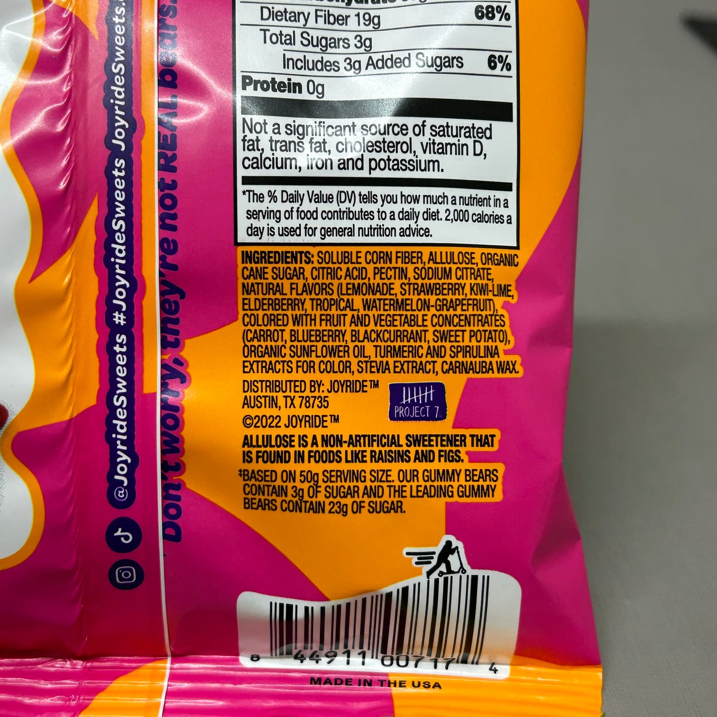 PROJECT 7 8-Pack! Joyride Fruity Gummy Bears 1 Grams of Sugar per Bag 8-1.8oz (New)